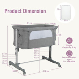 Costway 3-In-1 Baby Bedside Bassinet Crib Height-Adjustable Infant Newborn Cot Bed-Grey - thumbnail 2