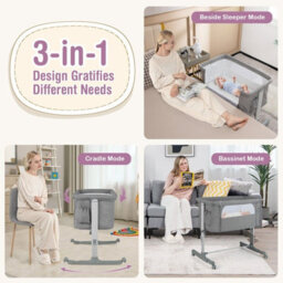 Costway 3-In-1 Baby Bedside Bassinet Crib Height-Adjustable Infant Newborn Cot Bed-Grey - thumbnail 5