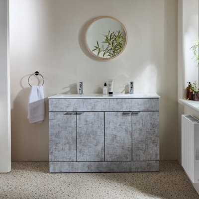Homestylestore 1210mm Concrete Grey Floorstanding Bathroom Vanity Unit Double Basin And Chrome Finger Pull Handle - image 1