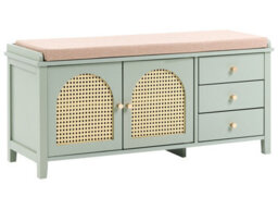 Bohonest Mint Green Shoe Bench With Padded Seat, Rattan-Front Cabinet And 3 Drawers - Wyld And Coco - thumbnail 3