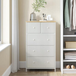 5 Drawer Fabric Storage Unit, Cloth Storage Drawers Cabinet, For Entryway, Living Room, Oak White