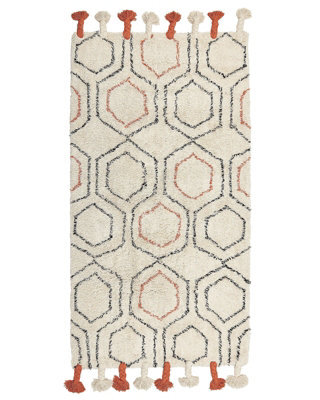 Beliani Boho Geometric Cotton Rug Beige With Orange Tassels 80 X 150 Cm, Hand-Tufted - image 1