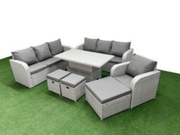 Fimous 10 Seater Poly Rattan Outdoor Garden Furniture Adjustable Lifting Dining Or Coffee Table Sofa Set 3 Stools Light Grey - thumbnail 2