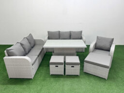 Fimous 10 Seater Poly Rattan Outdoor Garden Furniture Adjustable Lifting Dining Or Coffee Table Sofa Set 3 Stools Light Grey - thumbnail 1
