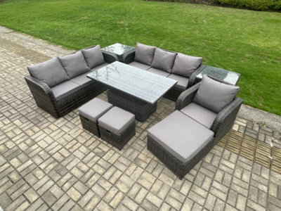 Fimous Pe Rattan Outdoor Garden Furniture Sets Height Adjustable Rising Lifting Dining Table Sofa Set With 2 Side Tables - image 1