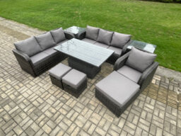 Fimous Pe Rattan Outdoor Garden Furniture Sets Height Adjustable Rising Lifting Dining Table Sofa Set With 2 Side Tables - thumbnail 2