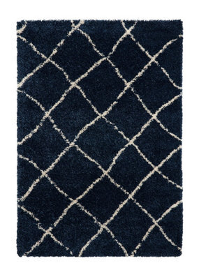 Navy Cream Shaggy Rug, Geometric Stain-Resistant Rug, 45mm Thick Moroccan Rug For Bedroom, & Dining Room-120Cm X 170Cm - image 1