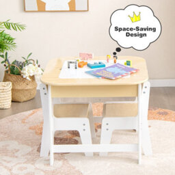 Costway 3 Pcs Kids Table And Chair Set Toddler Activity Writing Double-Sized Tabletop - thumbnail 4