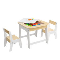 Costway 3 Pcs Kids Table And Chair Set Toddler Activity Writing Double-Sized Tabletop - thumbnail 2