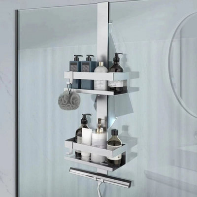 No Drill Stainless Steel Shower Organiser-2Tier Hanging Over Door Bathroom Shelf - image 1