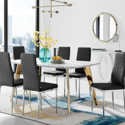 Furniturebox Uk Andria Gold Leg Marble Effect Dining Table And  6 Black Milan Chairs