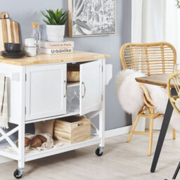 Wyld And Coco Nordic Kitchen Trolley - White Painted Mdf, Light Wood Top, W102 X D44 X H90Cm - thumbnail 2