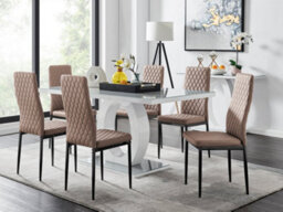 Furniturebox Giovani Rectangular 6 Seat White High Gloss Unique Halo Dining Table Grey Glass Top 6 Beige Faux Leather Black Leg Milan Chairs