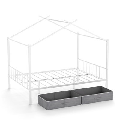 Costway Double Size House Bed Heavy-Duty Metal Platform Bed With 2 Drawers-White - image 1