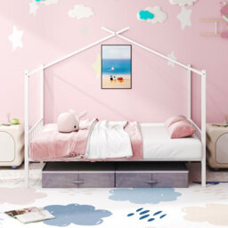 Costway Double Size House Bed Heavy-Duty Metal Platform Bed With 2 Drawers-White - thumbnail 4