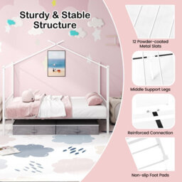 Costway Double Size House Bed Heavy-Duty Metal Platform Bed With 2 Drawers-White - thumbnail 6