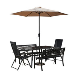 Samuel Alexander Outdoor 6 Person Rectangular Glass Top Garden Dining Table Benches & Chairs With Beige Havana Parasol And Base Set - thumbnail 9