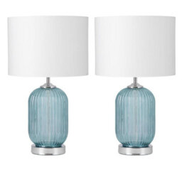 First Choice Lighting Set Of 2 Turquoise Ribbed Glass Lamps With White Shades