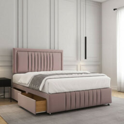 REGIONAL FURNISHINGS Pink Plush Velvet Upholstered Divan Bed Set 24Inch Headboard & Footboard & Mattress No Drawers In 3Ft 4Ft 4Ft6 5Ft 6Ft Sizes - thumbnail 1