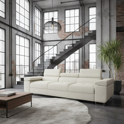 Torezio Three Seater Sofa With Adjustable Headrests For Living Room Chipboard Frame Metal Legs 263X102X70-90Cm Cream - image 1