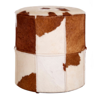 Orsina Brown & White Genuine Cowhide Ottoman,soft Padded Leather Footstool With Stitched Detailing,pouffe Stool - image 1