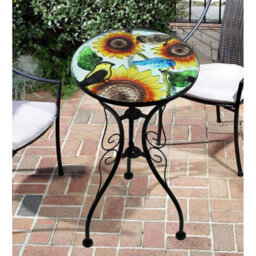 Geezy Mosaic Sunflower Iron/glass Round Coffee Table Garden Patio Elegant Plant Stand - thumbnail 2