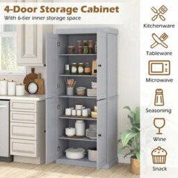 185Cm 6-Tier Wooden Organizer Grey Pantry Cabinet Modern 4-Door Storage Cabinet - thumbnail 6