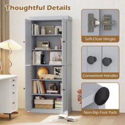185Cm 6-Tier Wooden Organizer Grey Pantry Cabinet Modern 4-Door Storage Cabinet - thumbnail 5