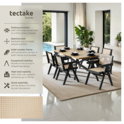 Tectake Set Of 6 Dining Chair Lizzy With Mid-Century Modern Design, Rattan Backrest And Solid Wood Frame  - Black - thumbnail 2