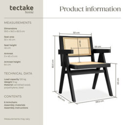 Tectake Set Of 6 Dining Chair Lizzy With Mid-Century Modern Design, Rattan Backrest And Solid Wood Frame  - Black - thumbnail 6