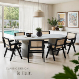 Tectake Set Of 6 Dining Chair Lizzy With Mid-Century Modern Design, Rattan Backrest And Solid Wood Frame  - Black - thumbnail 8