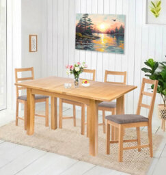 Hallowood Furniture Camberley Oak Butterfly Extending Dining Table With 4 Ladder Back Chairs In Light Grey Fabric Seats - thumbnail 1