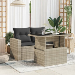 Vidaxl Garden Table With Glass Top Light Grey 100X55X73 Cm Poly Rattan - thumbnail 3