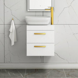 Royal Bathrooms 500mm Wall Hung Vanity Unit 2 Drawer Gloss White & Elva Countertop Basin With Brushed Brass Handle - thumbnail 1