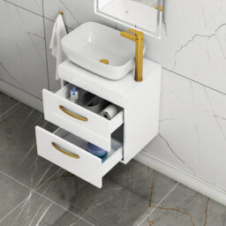Royal Bathrooms 500mm Wall Hung Vanity Unit 2 Drawer Gloss White & Elva Countertop Basin With Brushed Brass Handle - thumbnail 3