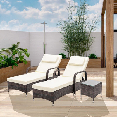 MCC Direct Rattan Sun Loungers Set Of 2 Reclining Sun Beds And Table Garden Furniture Venice Brown - image 1