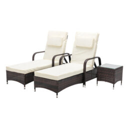 MCC Direct Rattan Sun Loungers Set Of 2 Reclining Sun Beds And Table Garden Furniture Venice Brown - thumbnail 2