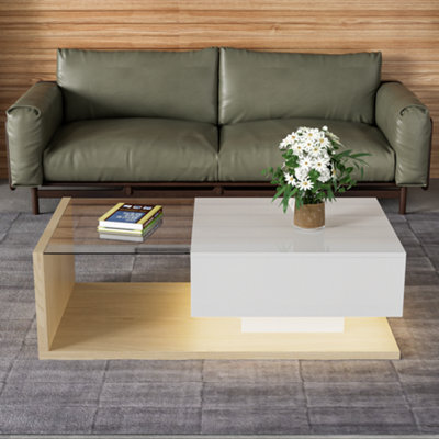 Btm Coffee Table High Gloss White And Wood Color Combination Side Tables Coffee Tables With Glass And Led - image 1