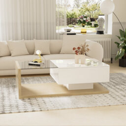 Btm Coffee Table High Gloss White And Wood Color Combination Side Tables Coffee Tables With Glass And Led - thumbnail 7