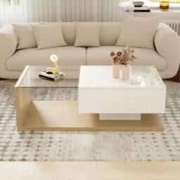 Btm Coffee Table High Gloss White And Wood Color Combination Side Tables Coffee Tables With Glass And Led - thumbnail 8