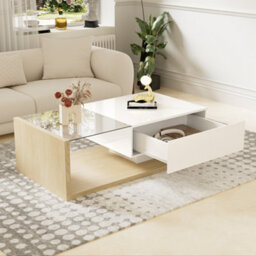 Btm Coffee Table High Gloss White And Wood Color Combination Side Tables Coffee Tables With Glass And Led - thumbnail 9