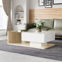 Btm Coffee Table High Gloss White And Wood Color Combination Side Tables Coffee Tables With Glass And Led - thumbnail 2