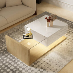 Btm Coffee Table High Gloss White And Wood Color Combination Side Tables Coffee Tables With Glass And Led - thumbnail 3