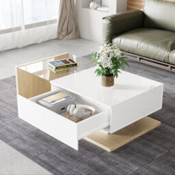 Btm Coffee Table High Gloss White And Wood Color Combination Side Tables Coffee Tables With Glass And Led - thumbnail 4