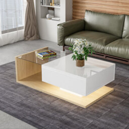 Btm Coffee Table High Gloss White And Wood Color Combination Side Tables Coffee Tables With Glass And Led - thumbnail 5