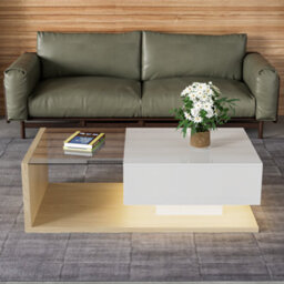 Btm Coffee Table High Gloss White And Wood Color Combination Side Tables Coffee Tables With Glass And Led - thumbnail 1