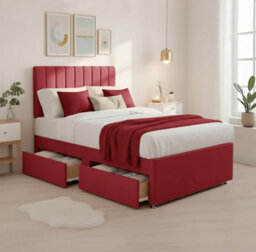 "4Ft Luxury Red Plush Divan Small Double Bed Frame With Mattress, 20"" Vertical Line Headboard, Bed With 2 Storage Drawers" - thumbnail 1