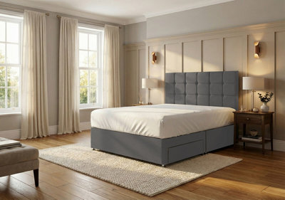 Adore Designs Ashford Plush Velvet Divan Bed, Headboard - 5Ft Kingsize - Grey - 0 Drawers - image 1