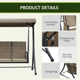 Outsunny 3 Seat Metal Fabric Backyard Balcony Patio Swing Chair W/ Canopy Brown - thumbnail 6