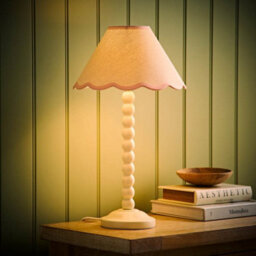 Valuelights Bobbin Pink Trim Linen Shade Cream Bobble Table Lamp With Bulb